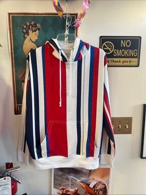 Men's Red, Blue & White Striped Hoodie Sweatshirt